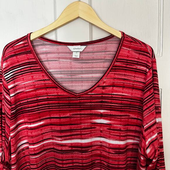 CJ Banks Red Black Striped Geometric Print Tunic Asymmetric 2X Womens‎ V Neck - Picture 4 of 7